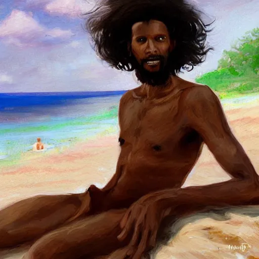 Image similar to beautiful portrait of a somali man, with long curly black hair, relaxing on the beach, by wang ling wlop