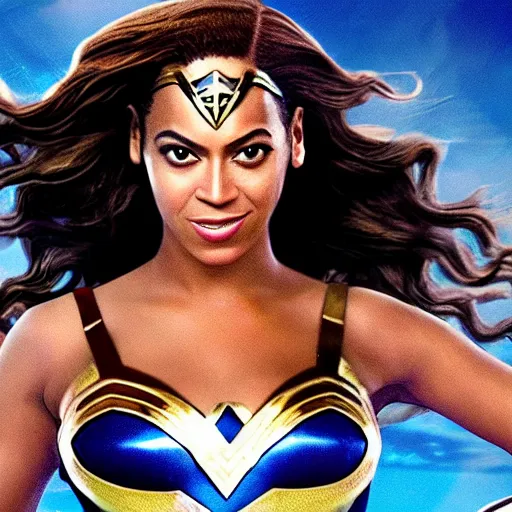 Image similar to A movie still of Beyonce as Wonder Woman, dynamic lighting, smiling, 8k, Heroic Pose, 2022 picture of the year