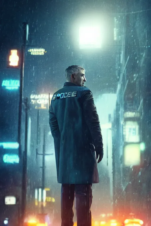 Prompt: Bladerunner 2049 still police officer standing next to white patrol car midnight crossed arms dark night orange street lamps. Bladerunner 2049 (2017) film. style of Roger Deakins Jeremy Saulnier Newton Thomas Sigel Robert Elswit Greig Fraser trending rtx on ue5. 35mm Kodak Vision 2383 gritty atmospheric