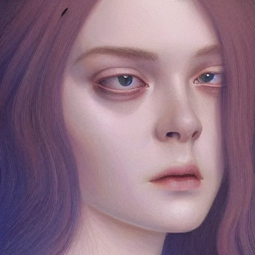 Prompt: professional painting of Elle Fanning in Ghost in the Shell in the style of Jean Delville, head and shoulders portrait, symmetrical facial features, smooth, sharp focus, illustration, intricate, stormy weather, extremely detailed masterpiece,