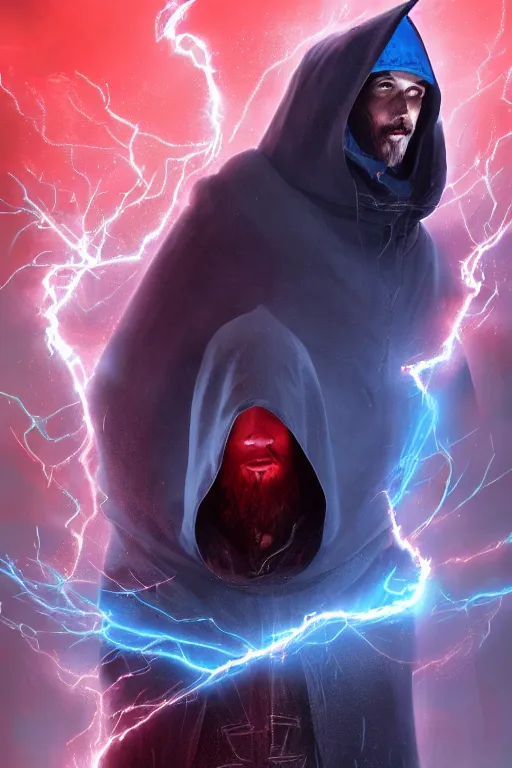 Image similar to A full body portrait of a mysterious dark sorcerer, with a long grey beard, a very long crimson red and midnight blue hooded cloak with blue fire coming off it, lightning in the sky art by Maciej Kuciara and Jason Chan, ominous, cosmic horror, trending on artstation, Ultra detailed, hyper realistic 4k
