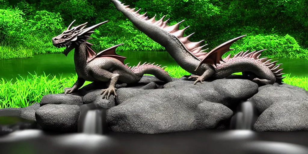 Image similar to A small dragon sitting on a glistening creek rock, flowing clear water creek bed, photorealistic 3D artwork.