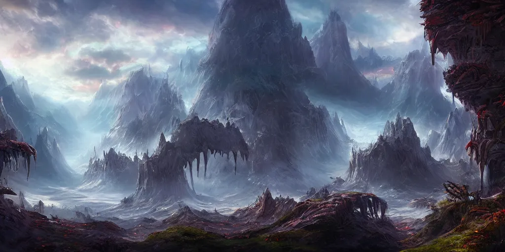 Prompt: stunning fantasy landscape, alien world, very detailed, 8k, trending on artstation