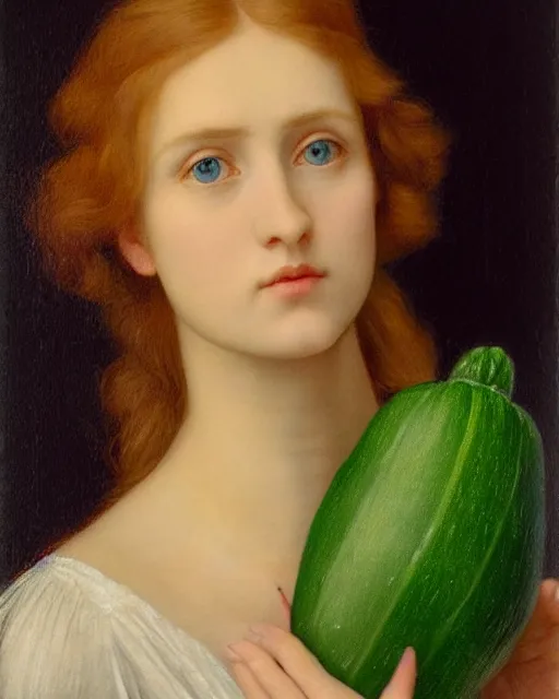 Image similar to Pre-Raphaelite portrait of a young, beautiful woman with blond hair and grey eyes holding a courgette