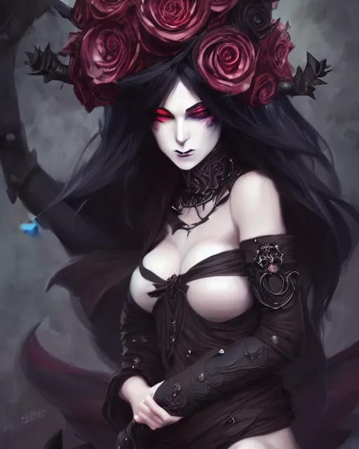 Image similar to beautifully dressed dark sorceress surrounded by black roses horns and skulls, cushart krenz, very detailed, realistic face, detailed face, matte, tonemapping, bbwchan, perfection, 4 k, cushart krenz