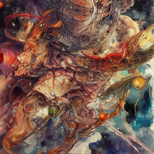 Image similar to cosmic pizza, watercolor, pen and ink, intricate line drawings, by Yoshitaka Amano, Ruan Jia, Kentaro Miura, Artgerm, detailed, trending on artstation, hd, masterpiece,