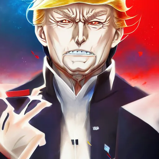 Image similar to anime portrait of trump x elon hybrid as an anime antagonist by Stanley Artgerm Lau, WLOP, Rossdraws, James Jean, Andrei Riabovitchev, Marc Simonetti, and Sakimichan, trending on artstation