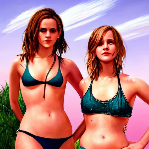 Image similar to highly detailed painting of emma watson and jennifer lawrence wearing a bikini standing close together, gta 5 cover art style, 8 k, radiant light, detailed and intricate environment, trending on artstation