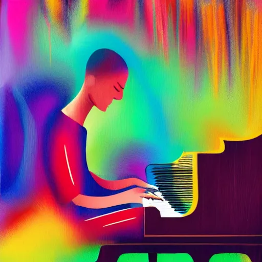 Image similar to teenager playing piano music art colorful notes moving dinamic fuzzy cool brush strokes stains lines colors