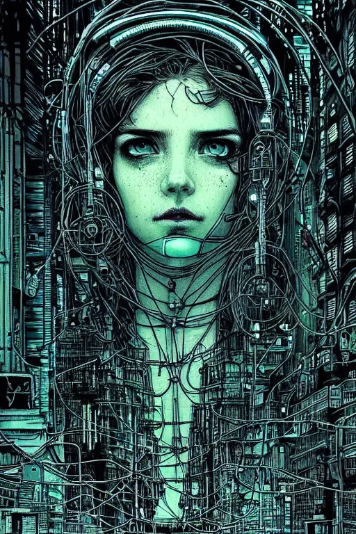 Prompt: dreamy cyberpunk girl, wires and electricity, beautiful, epic grunge, intricate complexity, by dan mumford and by alberto giacometti, arthur rackham