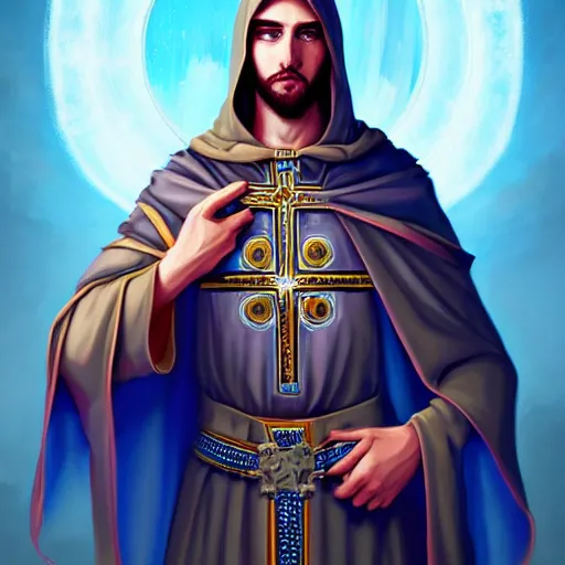 Image similar to detailed portrait of holy crusader, old roman style, non - reflective blue neon cloak, decorated with traditional holy church ornaments by rhads, makoto shinkai cyril rolando, madgwick illustrated, perfect face, fine details, realistic shaded, fine - face, pretty face