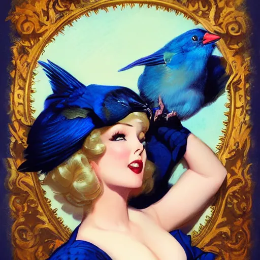 Image similar to pinup girl holding an indigo bunting, bird, the bird is wearing a crown and bowtie by greg rutkowski, rossdraws, gil elvgren, enoch bolles, anime, very coherent