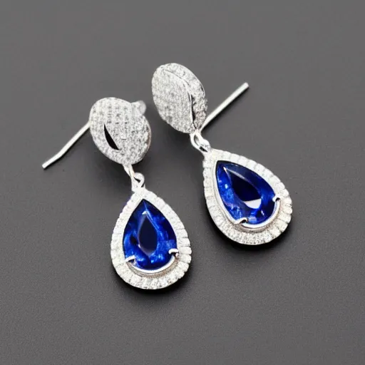 Prompt: teardrop sapphire earrings. platinum