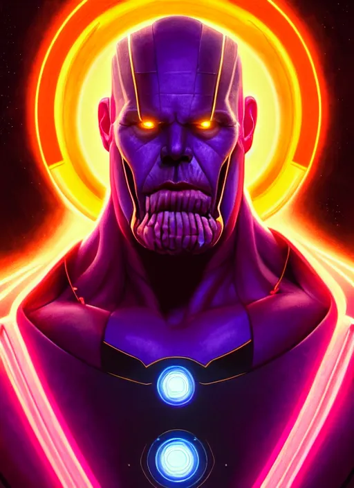 Image similar to symmetry portrait of thanos, sci - fi, tech wear, glowing lights intricate, elegant, highly detailed, digital painting, artstation, concept art, smooth, sharp focus, illustration, art by artgerm and greg rutkowski and alphonse mucha