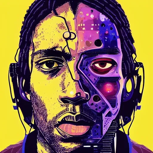 Prompt: portrait of kawhi leonard as half terminator with a robot eye by conrad roset, cybernetically enhanced, hyperdetailed, cyberpunk, cool, trending on artstation