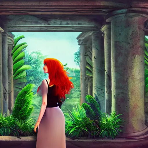 Prompt: a portrait of a redhead woman and ancient ruins with plants,digital art,retrowave art,trending on art station