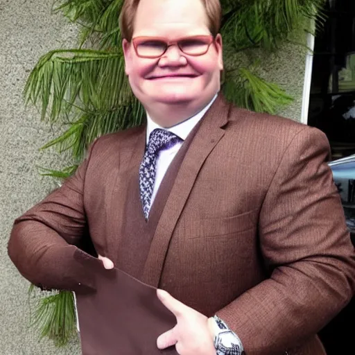 Image similar to Andy Richter is wearing a chocolate brown suit and necktie, holding a sign that reads Stop making these images of me of I WILL tell Conan!!