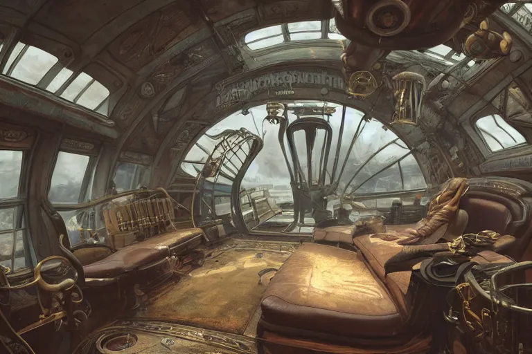 Image similar to interior of a steampunk zeppelin inhabited by several pretty women and one giant pangolin dressed, 3d scene, render, ultra realistic, zenith view, Greg Rutkowski, artstation, cgsociety, level design, unreal engine, 3d scene, render, ultra realistic, zenith view, Enki Bilal style