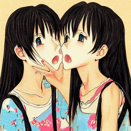 Image similar to portrait of two girls kissing, detailed manga art