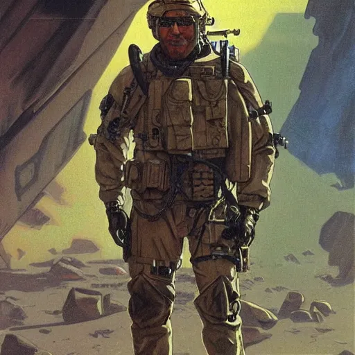 Image similar to Hector. USN special forces recon operator in near future gear, cybernetic enhancement, on patrol in the Australian neutral zone, Barren landscape. 2087. Concept art by James Gurney and Alphonso Mucha