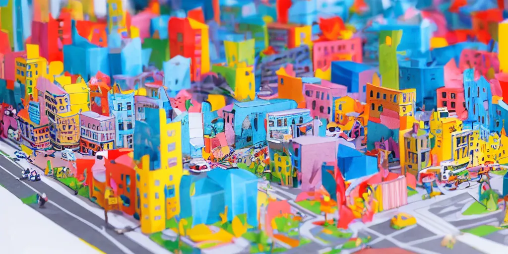 Image similar to paper craft diorama of a colorful city with people and cars