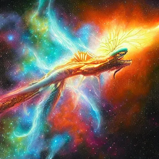 Image similar to a metallic bioluminescent alien dragon flying in outer space, epic nebula, Dan Seagrave art