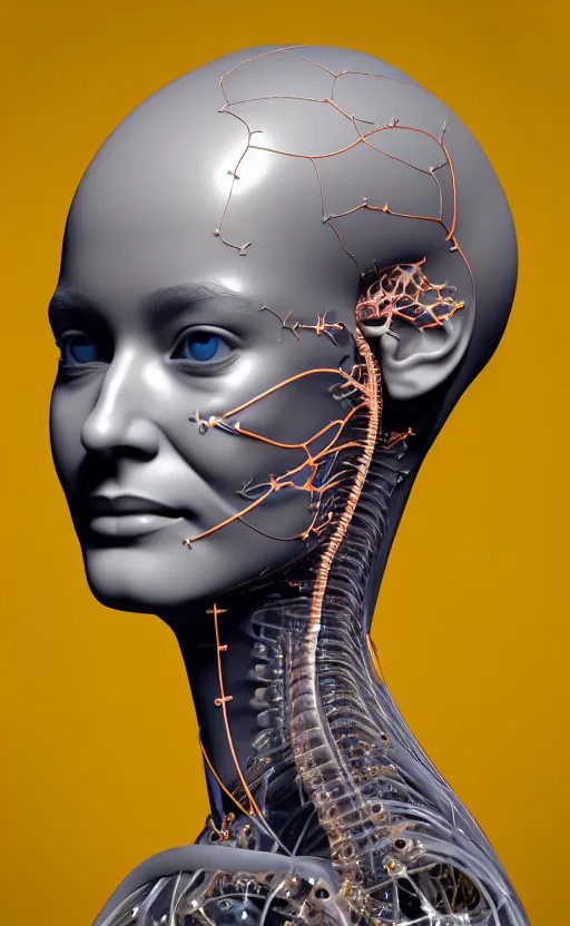 Image similar to 3D render of a beautiful profile face portrait of a female cyborg, 150 mm, golden ratio, Mandelbrot fractal, anatomical, flesh, facial muscles, wires, microchip, veins, arteries, full frame, microscopic, highly detailed, flesh ornate, extra elegant, high fashion, rim light, octane render in the style of H.R. Giger and Bouguereau