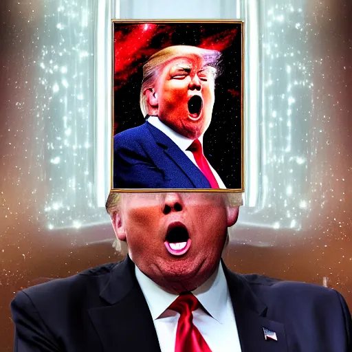 Image similar to Donald Trump, angry, swallowing a whole galaxy, 4k, highly detailed, macabre, ominous