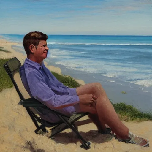 Image similar to portrait of john f kennedy, wrinkled, grey hair, handsome, hawaiian shirt, sitting in chair, landscape of nantucket beach, dunes, ocean, bluff, oil on canvas by william sidney mount - 1 9 8 2, trending on artstation