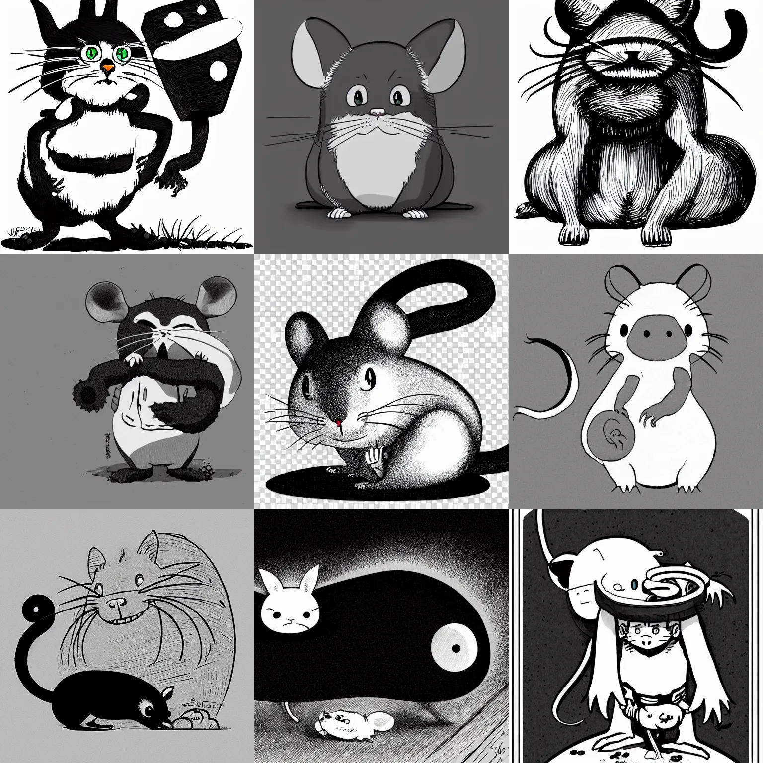 Prompt: a giant mouse with bright white eyes, grayscale, cute, dark, abyssal void creature, hayao miyazaki, digital illustration, clipart, cartoon