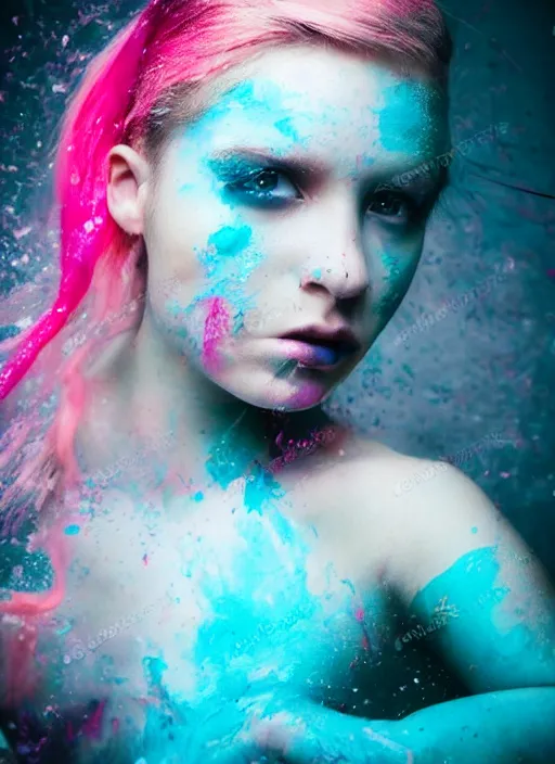 Prompt: a dramatic lighting photo of a beautiful young woman with cotton candy hair. paint splashes. moody, melanchonic. with a little bit of cyan and pink
