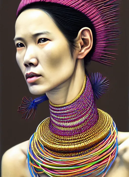 Prompt: portrait of catriona balfe, hyper detailed ultra sharp kayan people ( myanmar ) long - neck woman. trending on artstation, warpaint aesthetic, colorful, psychedelic, ornate, intricate, digital painting, concept art, smooth, sharp focus, illustration, art by artgerm and greg rutkowski and h. r. giger, 8 k