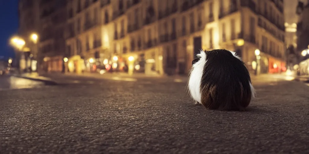 Image similar to a guinea pig sits looking out the window at night, watching cars go by on a road in Paris, 4k photorealism