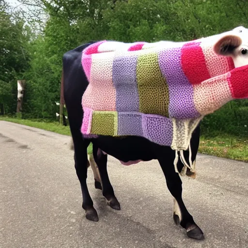 Image similar to a cow knitting a scarf