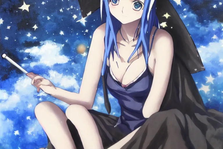 Prompt: mayuri shiina from steins gate, beautiful anime, oil painting, holding a umbrella, watching the stars, cuta anime, in blue dress