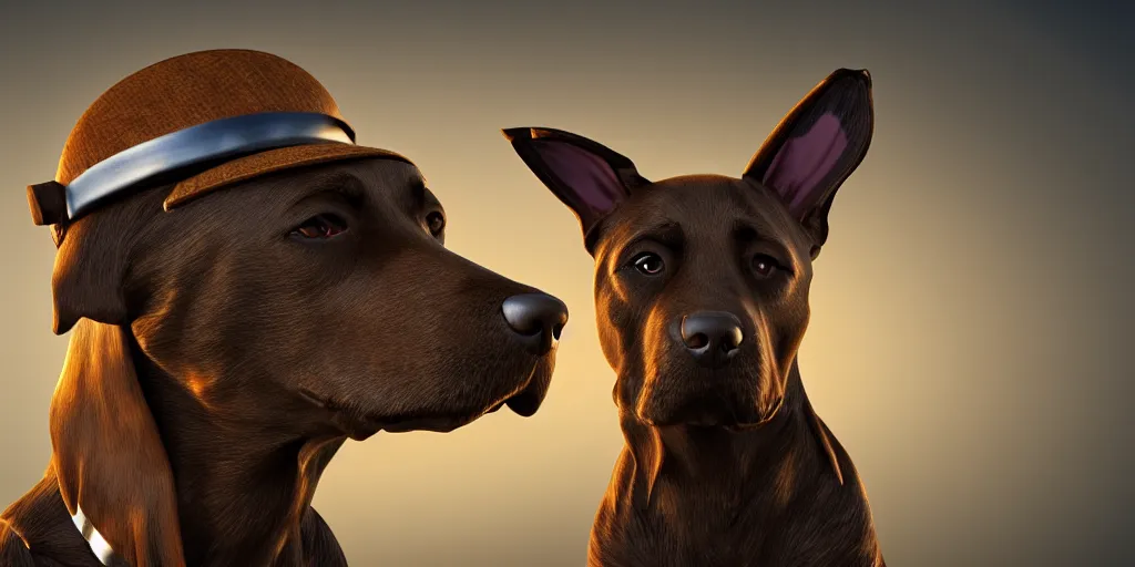 Image similar to portrait of a dog with a human mohawk hat, digital art, unreal engine