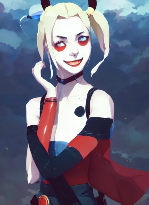 Image similar to portrait of harley quinn, cloudy sky background lush landscape illustration concept art anime key visual trending pixiv fanbox by wlop and greg rutkowski and makoto shinkai and studio ghibli