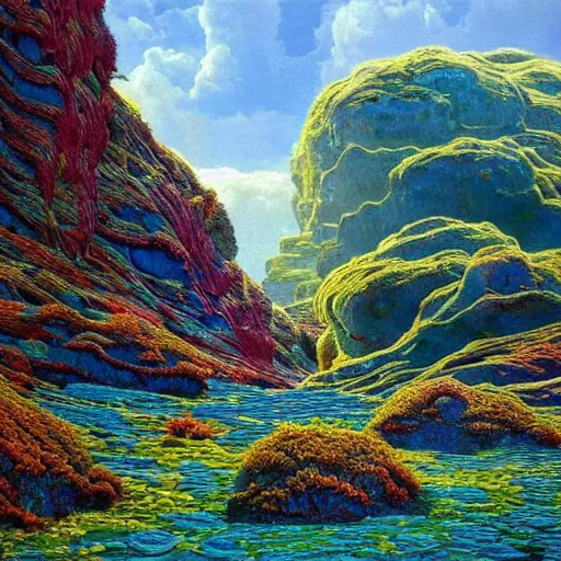 Image similar to painting of a lush natural scene on an alien planet by glenn brown. beautiful landscape. weird vegetation. cliffs and water.