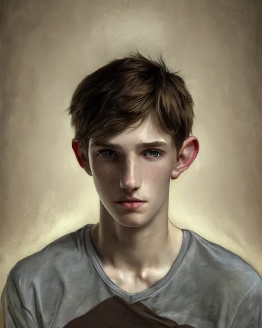 Image similar to portrait of 1 5 - year - old boy, a tall, slender boy with a pale, pointed face, sleek blond hair, and ice grey eyes, wearing black clothes, hyper realistic face, beautiful eyes, close up, fantasy art, in the style of greg rutkowski, intricate, alphonse mucha, hyper detailed, smooth