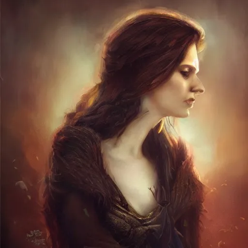 Image similar to majestic gracious regal aristocratic brunette female vampire portrait, atmospheric lighting, painted, menacing, intricate, volumetric lighting, beautiful, rich deep colours masterpiece, golden hour, sharp focus, ultra detailed, by leesha hannigan, ross tran, thierry doizon, kai carpenter, ignacio fernandez rios