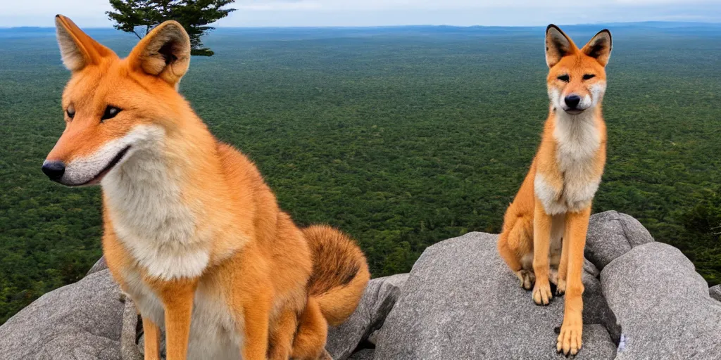 Image similar to a dingo posing at the top of mt. champlain in maine