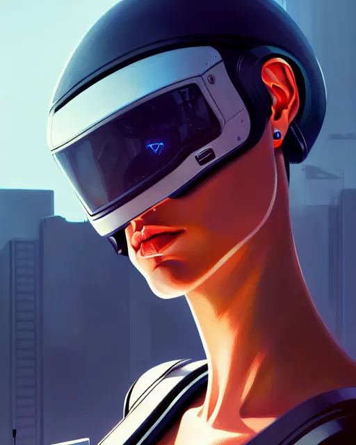 Image similar to hyper - realistic portrait of a sleek and futuristic robot, gta v cover art, celshading, sharp focus, intricate, detailed, rhads, andreas rocha, makoto shinkai, lois van baarle, ilya kuvshinov, greg rutkowski, dynamic lighting, grunge aesthetic, 4 k