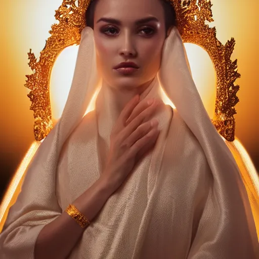 Image similar to glowing goddess with fair skin and beautiful face with gold crown wearing a loose thin white robe