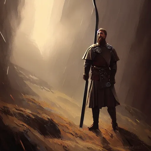 Image similar to portrait of robert the bruce, king of scotland standing with his sword 4 k, concept art, by wlop, ilya kuvshinov, artgerm, krenz cushart, greg rutkowski, pixiv. cinematic dramatic atmosphere, sharp focus, volumetric lighting, cinematic lighting, studio quality