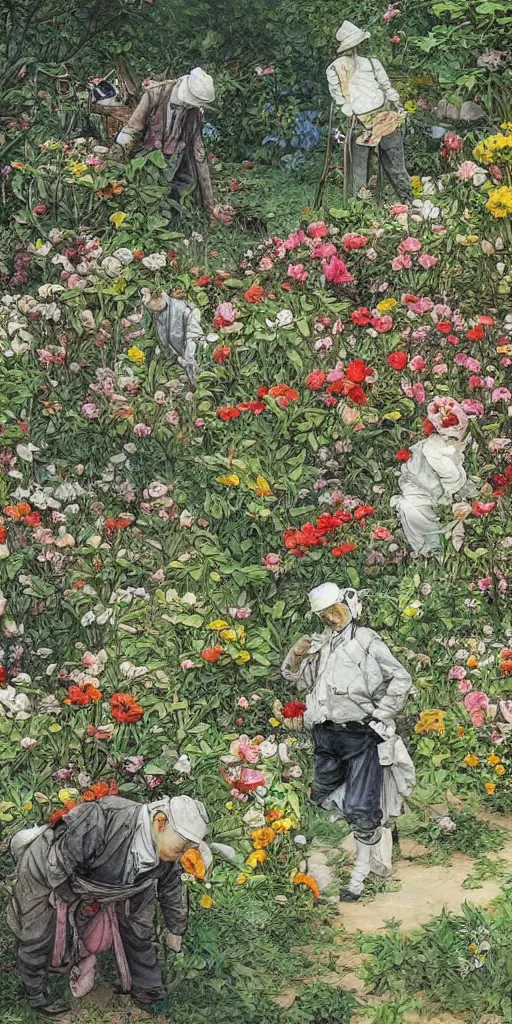 Prompt: oil painting scene from gardeners in the flower garden by kim jung gi