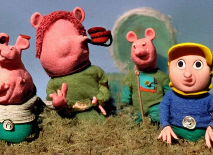 Image similar to a scene from a 1 9 7 0 s british kids tv programme by the bbc and oliver postgate, stop motion animation, the clangers, postman pat, vhs distortion, folk horror