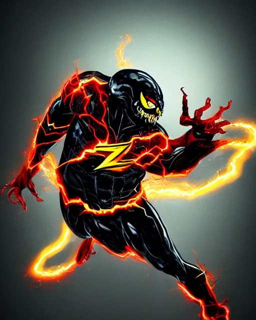 Image similar to venom as the flash, dynamic lighting, fantasy concept art, trending on art station, stunning visuals, creative, cinematic, ultra detailed, terrifying, black lightning, comic strip style