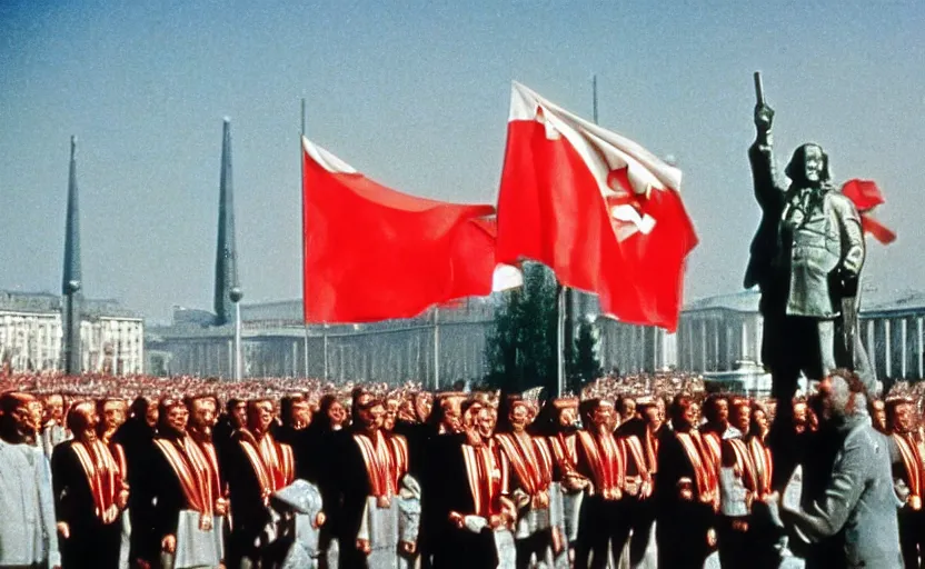 Image similar to 60s movie still of the great soviet's ceremony with CCCP flags and a large bronze statue of Karl Marx stanilist style palace backround, by Irving Penn , cinestill 800t 35mm eastmancolor, heavy grainy picture, very detailed, high quality, 4k, HD criterion, precise texture