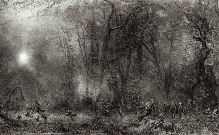 Prompt: house in the wood, around crowd of people with swords, lances and fireballs fighting against giants black wolves and snakes from mirrors worlds, clouds of smoke, epic scene, inspire by ivan shishkin, william blake, andrei tarkovsky, artwork by jakub rozalski, analogue photo quality, blur, unfocus, 35mm, lomography, noise effect, cinematic, monochrome, high contrast, like in museum, highdetailed, high resolution, like pencil drawing