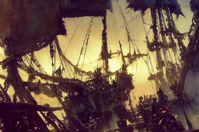 Image similar to pirate ship deck interior, intricate, elegant, highly detailed, vivid colors, john harris, frazetta, tyrus wong, ruan jia, jeffrey catherine jones